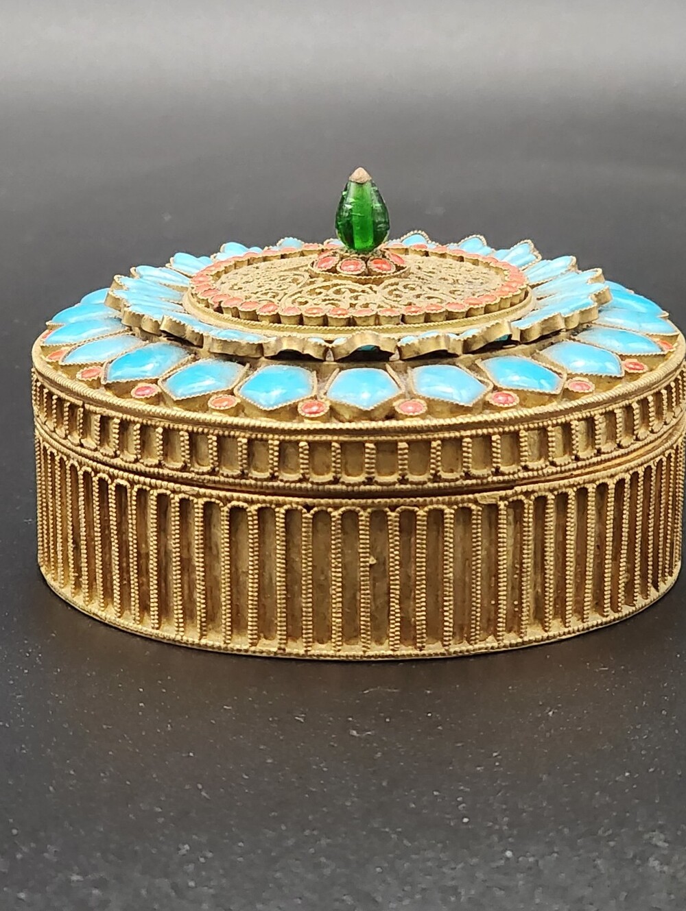 Gorgeous Antique VintageBrass Solid Enamel Morocco Crafted Bejeweled Trinket Box